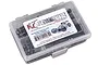 A clear plastic storage box containing an RC Screwz stainless steel screw kit for the HPI Trophy Flux, featuring a branded label on the lid.