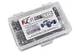 A clear plastic storage box filled with various stainless steel screws and hardware for the Axial Yeti 1/10 RC car, featuring the RC Screwz branding.