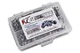A clear plastic storage box filled with various stainless steel screws for the Axial RR10 Bomber RC car, featuring the RC Screwz branding on the label.