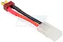 A male Deans to female Tamiya RC battery adapter cable with red and black wires against a white background.