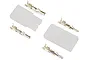 A pair of Tamiya-style connector housings and four metal crimp pins on a white background.