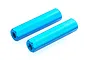 Two blue anodized aluminium cylindrical standoffs with threaded holes on a white background.
