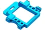 A blue anodized aluminium front bulkhead for an RC car, featuring a square central opening and multiple mounting holes.