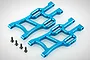 Two blue anodized aluminium RC front lower suspension arms with four included black screws on a white background.