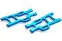 Two blue anodized aluminium rear lower suspension arms for an RC car, shown from an elevated angle on a white background.