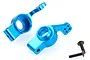 Two blue anodized aluminium rear hub carriers for an RC car, accompanied by two black metal screws, set against a plain white background.