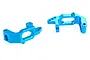 Two blue anodized aluminium front hub carriers for an HSP RC car, shown against a plain white background.