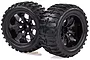 Two black off-road RC monster truck wheels with aggressive tread patterns and multi-spoke black rims, shown against a white background.