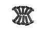 A group of ten black metal countersunk screws with coarse threads arranged in two rows against a white background.