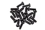 A pile of small black metal binder head screws with coarse threads, isolated on a white background.