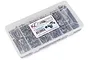 A clear plastic storage box filled with various stainless steel screws and hardware for an HPI Baja 5B 2.0 RC car, featuring an RC Screwz label.