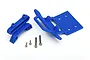 A blue Traxxas front bumper set with mounting hardware including four screws on a white background.