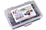 A clear plastic storage box filled with assorted stainless steel screws and hardware for an HPI Bullet ST Flux RC car.
