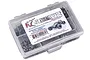 A clear plastic storage box filled with various stainless steel screws and hardware for the HPI E-Firestorm Flux RC car, featuring an RC Screwz label.