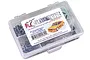 A clear plastic storage box filled with assorted stainless steel screws and hardware for an HPI RS4 Sport 3 RC car, featuring an RC Screwz label.