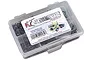 A clear plastic storage box filled with various stainless steel screws for the Tamiya Globe Liner RC truck, labeled with the RC Screwz brand.