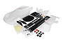 Traxxas 1/10 scale Ford GT unpainted polycarbonate body shell kit with decal sheet, plastic accessories, and mounting hardware on a white background.
