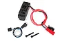 Traxxas TRX-4 LED light power supply module with wiring harness, connectors, and mounting screws on a white background.