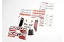 A collection of Traxxas Rustler VXL decal sheets featuring various logos, text, and graphic elements for RC car body customization.