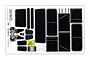 A Traxxas TRX-4 Land Rover Defender decal sheet featuring various black window stickers, light details, and license plates on a white backing.