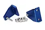 Two blue anodized aluminum trim tabs for a Traxxas DCB M41 RC boat, shown with four stainless steel mounting screws on a white background.