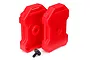 Two bright red plastic scale jerry cans for Traxxas TRX-4 RC vehicles, shown with a single black mounting screw on a white background.