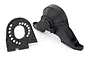 A black plastic motor plate and gear cover set for a Traxxas TRX-4 RC vehicle, shown against a white background.