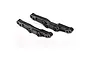 Two black plastic shock towers for Traxxas 4-Tec 2.0 RC car, shown from an angled perspective against a white background.