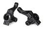 Two black plastic front steering hubs for a Traxxas 4-Tec 2.0 RC car, shown from a side angle on a white background.
