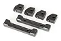 Traxxas 4-Tec 2.0 suspension arm hinge pin retainer set including two long bars marked FRONT and REAR and four small angled blocks.