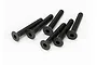 A set of six black metal countersunk head screws with hexagonal drive sockets, arranged on a plain white background.