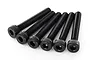 A set of six black metal cap head screws with hexagonal sockets arranged in a row against a white background.
