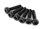 A set of six black metal cap head screws with hexagonal sockets arranged in a row against a white background.
