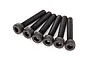 Six black metal cap head screws with hex drive sockets arranged in a row on a white background.