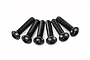 A set of six black metal button head screws with hex drive sockets arranged in a fan shape against a white background.