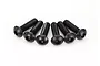 A set of six black metal button head screws with hex drive sockets arranged in a semi-circle on a white background.