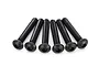 Six black button head hex screws arranged in a fan shape against a white background.