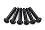 Six black metal button head screws with hex drive heads arranged in a fan shape against a white background.