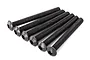 A set of six black metal button head screws with hexagonal drive sockets, arranged in a row against a white background.
