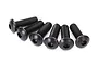 A set of six black metal button head screws with hex drive sockets arranged in a row against a white background.