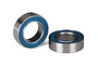 Two metal ball bearings with blue rubber seals sitting on a white background.