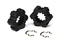 Two black plastic 24mm wheel hexes for Traxxas X-Maxx with two small metal retaining clips on a white background.