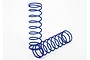 Two blue coil springs for RC car shock absorbers standing on a white background.