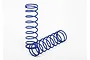 Two blue coil springs for RC car shocks standing against a plain white background.