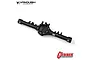 A black anodized aluminium Currie RockJock rear solid axle housing for an RC crawler, shown from a high angle against a white background.