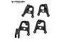 Four black anodized aluminium shock towers for an RC crawler, arranged on a white background with the Vanquish Products logo in the top left corner.