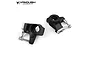 A pair of black anodized aluminium steering knuckles for an RC car, featuring silver-coloured metal hardware and the Vanquish Products logo.