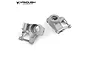 A pair of silver aluminium steering knuckles for an RC vehicle, featuring machined details and mounting hardware, set against a plain white background.