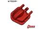 A red anodized aluminium differential cover for an RC crawler, featuring the Currie Enterprises logo in the corner.