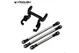 Vanquish Products black aluminium servo mount and three metal suspension links with rod ends on a white background.